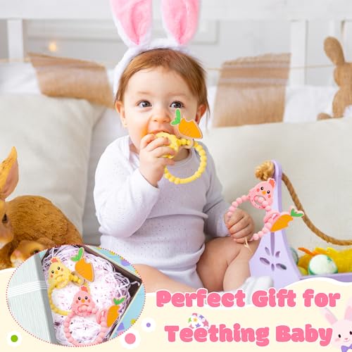Image of Silicone Teether Toys for Babies - 2ooya 2Pcs Easter Pink Yellow Carrot Chick Teething Ring Infant Soft Teethers, Toddler Teething Chew Toys for Newborn Boy and Girl Easter Baby Shower Birthday Gifts