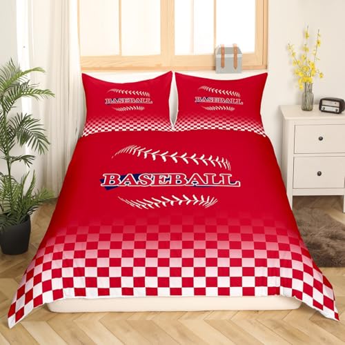 Homemissing Juego de funda de edredón de béisbol rojo, tamaño King, juego de ropa de cama para niños y niñas, decoración de béisbol, juego de funda de edredón de pelota