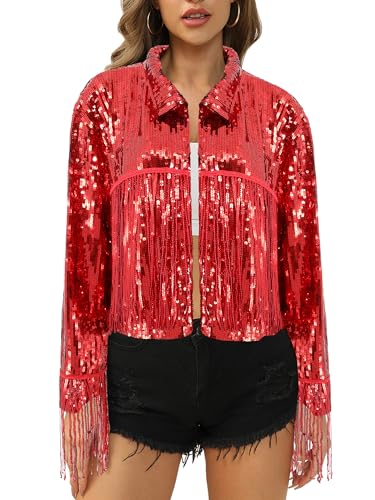 Segreto Women's Glitter Sequin Tassels Bomber Open Front Jacket Shiny Fringe Long Sleeve Coat Cardigan Blazer Disco Outfits