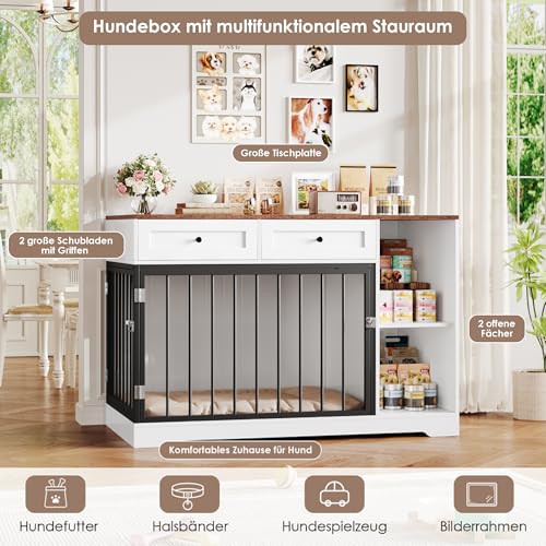 FirFurd Hundekäfig Möbel 120cm breit Hundebox für Zuhause Hundehütte Hundezwinger Hundekäfig aus Metall und Holz Hundebox mit 2 Schubladen 120 x 87 x 60 cm Braun & Weiß