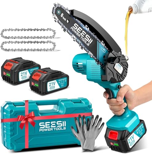 Miniatura 7 de SEESII 6'' Mini Motosierra Bateria 8000mAh, Motosierra Eléctrica Bateria con Depósito Para El Aceite y Cadena Reemplazable, Motosierra Inalámbrica Portátil para Podar Árboles de Jardinería