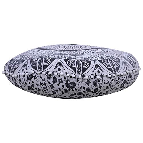 MAVISS HOMES Maviss Home Floor Decor Round Mandala Floral Printed Pouf Cover | Floor Yoga Pillows Cover | Round Bohemian Meditation Cushion Cover | Round Pouf Cover | 32 Inch 80 Cm Approx; Black