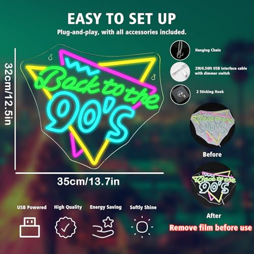 Image of Retro Music Neon Sign Back To The 90's Colorful Vintage LED Neon Light for Party Bar Lounge and 90s Room Wall Decor Retro LED Sign Gifts for Friends DJs and 90s Aesthetic Lovers