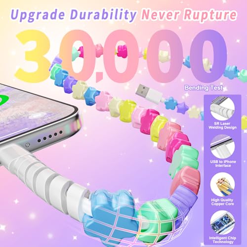 Image of HianDier for iPhone Charging Cord [MFi Certified] 3.3FT for iPhone Charging Cable Cute Flower Star Bead USB to iPhone Cable Girls Women for iPhone 14 13 12 11 Pro Max XS XR 8 7 6s-Candy Colored