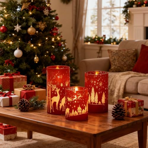 Image of Wondise Red Christmas Reindeer LED Flameless Candles with Remote Timer, Electroplate Glass Battery Operated Real Wax Flickering 3D Wick Pillar Candles for Christmas Holiday Home Decoration