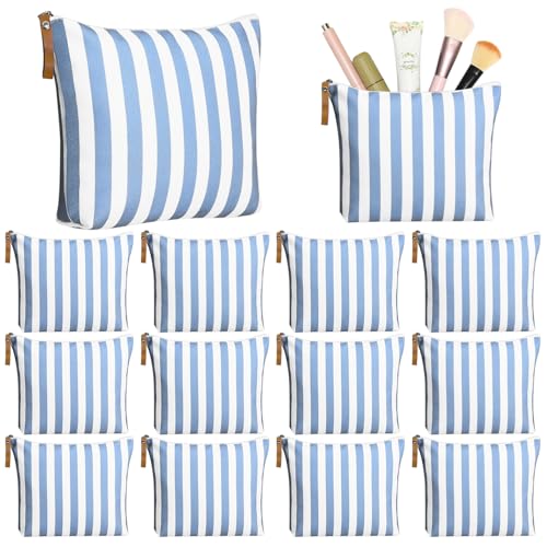 Hillban 12 Pcs Blue Striped Makeup Bags Bulk Canvas Cosmetic Bag Beach Themed Gifts Travel Toiletry Organizer Zipper Pouch Bags for Women Bridemaids Party Favors