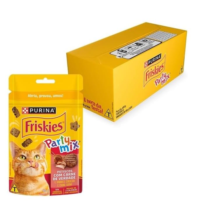 FRISKIES® PARTY MIX Petisco para Gatos Adultos Carne, Cordeiro e Carne Suína 40g - Display 15 Unidades