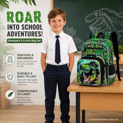 Image of 16 inch Dinosaur Backpack for Boys, 3Pcs Kids Bookbag with Lunch Box, School Backpacks for Elementary Preschool Kindergarten (Green)