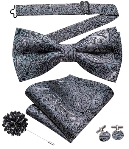 Image of Hi-Tie Bow Ties for Men Pre-Tied Pocket Square with Cufflinks Mens Bowtie Sets for Wedding Formal Party