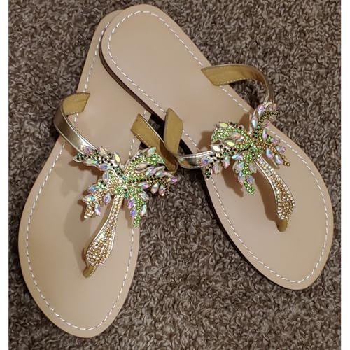 Monrovia Women's Rhinestone Jeweled Flat Beach Wedding Summer Sandals Gold Rhinestone Jeweled Sandals for Women Bling Jelly Flat Sparkly Sandals Dress Dressy Flip Flops4