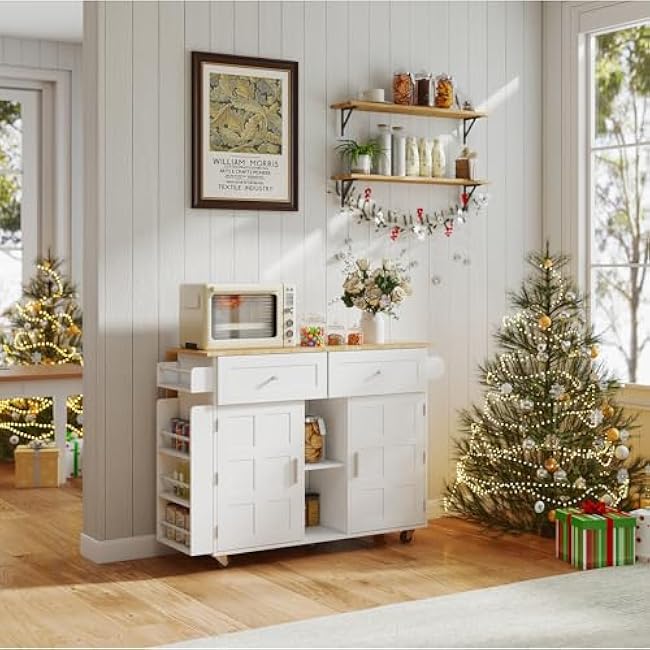 YOURLITE Kitchen Islands with Wheels, 45 Kitchen Island with Drop Leaf, Home Bar Table with Spice Rack & with Trash Cabinet, Rolling Island Table for Dining Room with Power Outlet, White-pCfgEu4k