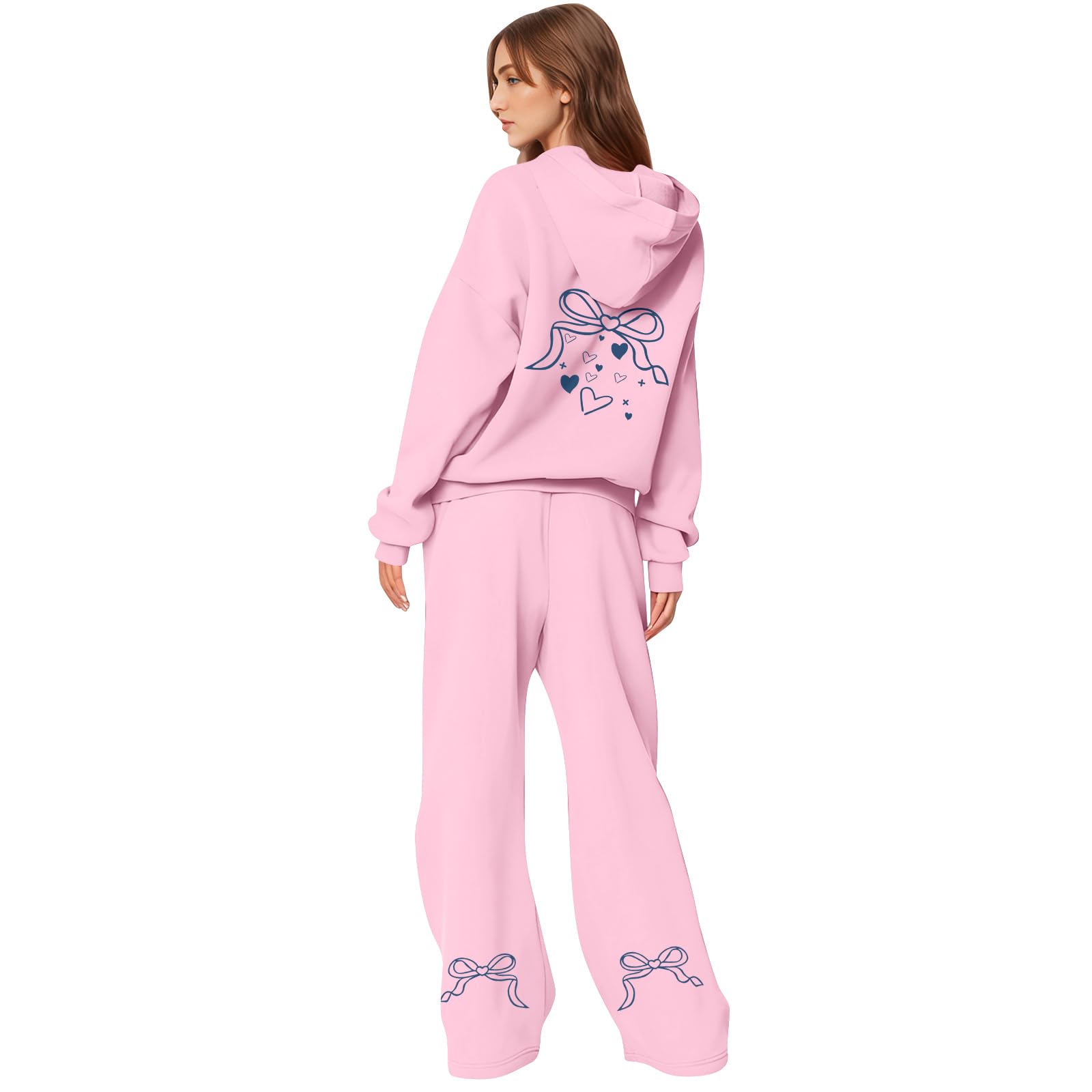 Gumipy Sweatsuits Women 2 Piece Outfit Bow Graphic Cute Hoodies Matching Wide Leg Sweatpants Lounge Sets Fleece Sweat