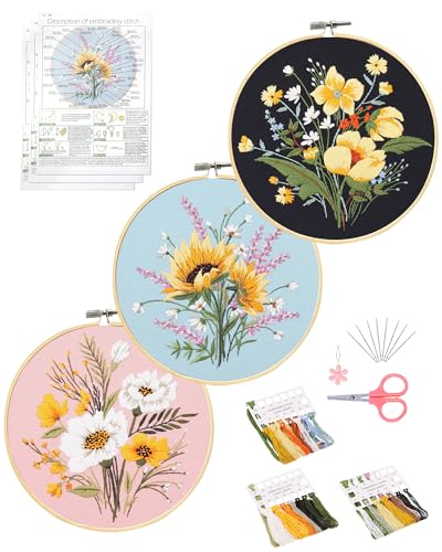 Image of Santune 3 Pack Flower Embroidery Kit for Beginners Adults Cross Stitch Needlepoint Kits Hand Craft with Plant Patterns,3 Instructions,1 Hoop,Threads and 6 Needles