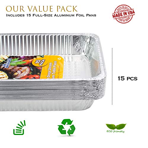 Ehomea2Z Large Aluminum Pans (15 Pack) Made In Usa Full Size Deep Foil Disposable Durable Large Steam Table Pans For Baking Serving, Chafing Trays For Caterers, Bakeware 21 X 13 X 3 #TOP1