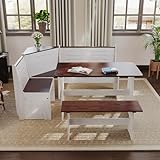 GAINUO Breakfast Nook Dining Table Set – Booth-Style Breakfast Nook with L Bench, White Brown Wooden Dining Room Table Set with Chairs & Banquette Seating for Compact Homes