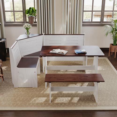 GAINUO Breakfast Nook Dining Table Set – Booth-Style Breakfast Nook with L Bench, White Brown Wooden Dining Room Table Set with Chairs & Banquette Seating for Compact Homes