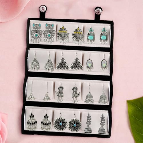 Image of Oxidized Earrings Set (12 Pairs) with Folding Jewelry Box - Traditional Jhumka, Stud & Dangler Earrings Combo for Women & Girls | Oxidised Ethnic Jewelry Gift Set for Birthday, Anniversary, Festive & Wedding