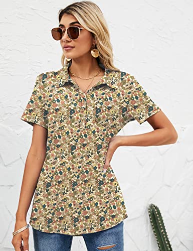 Tfsdod Womens Casual Collared Work Polo Shirts V Neck Button Down Blouse With Pocket Floral Khaki Red S #TOP1