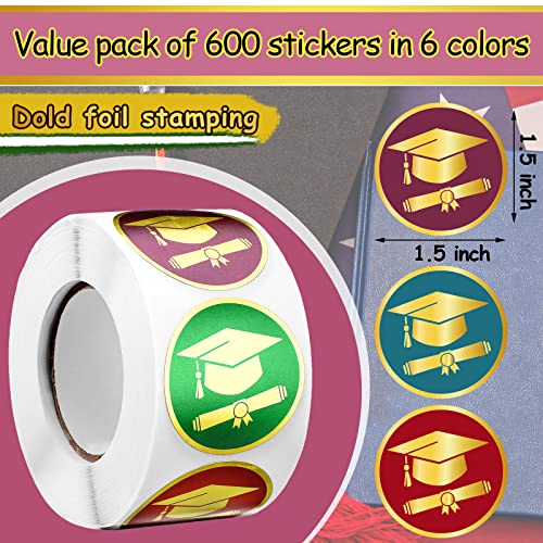 600 Pieces Gold Foil Graduation Cap Stickers Round Graduation Cap Diploma Gold Certificate Seals Labels For Graduation Cards Gift Envelopes Boxes, 1.5 Inches 6 Colors #TOP1