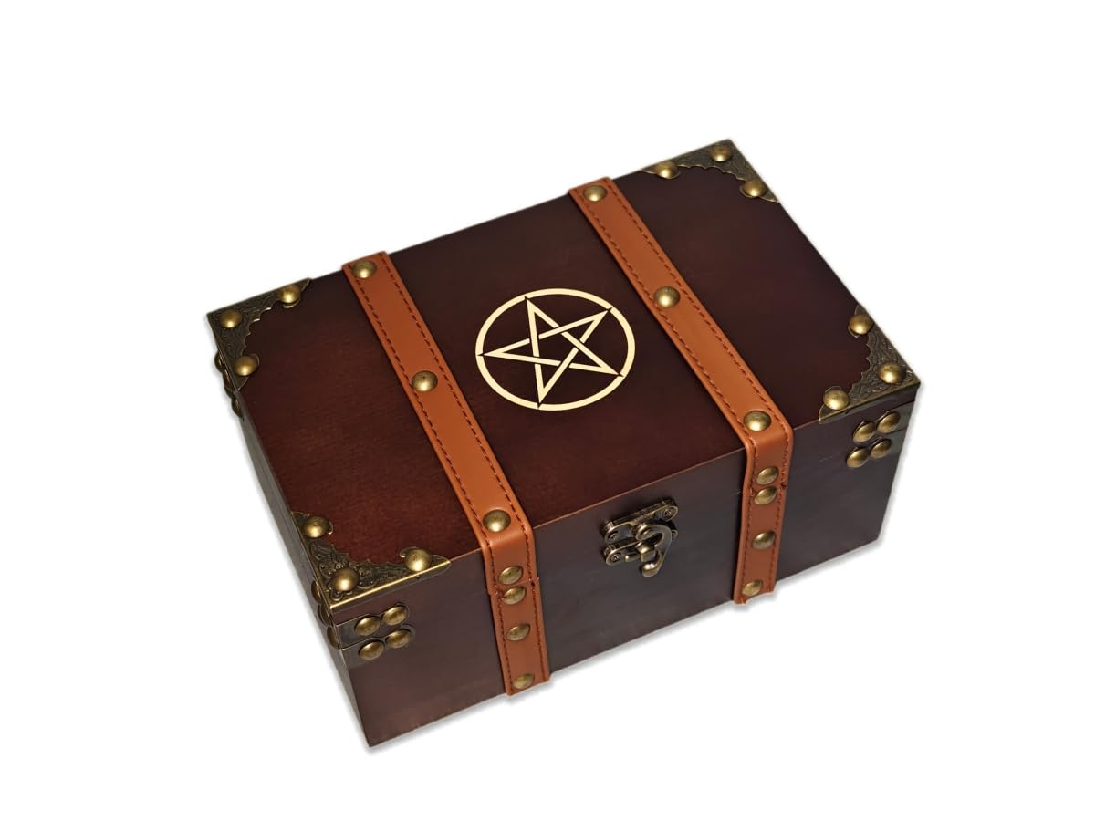 Cassetta in legno e pelle, scatola in legno con pentagramma inciso con fodera in velluto, pentacolo Wiccan forniture e strumenti scatola di immagazzinaggio e scatola dei ricordi