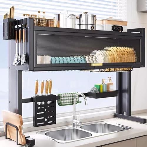 Escurreplatos de 2 niveles con tapa, fregadero de cocina que ahorra espacio, elegante estante para cubiertos y secado de platos para encimera y diseño elegante