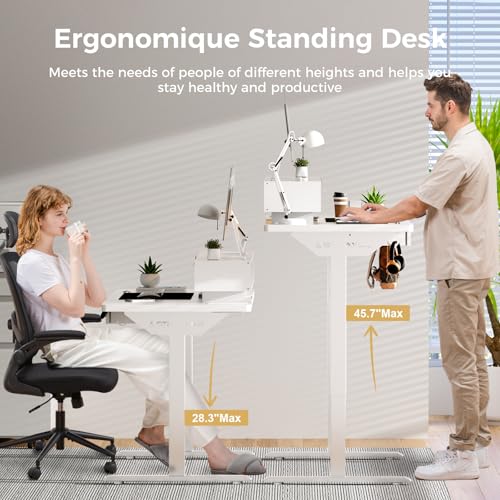Image of GTPLAYER Electric Standing Desk with Drawers, 48 x 24 Inch Height Adjustable Gaming Desk with Monitor Stand, Power Outlets & LED Lights, Home Office Sit Stand Up Desk with Memory Preset (White)