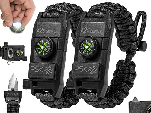 PSK Paracord Bracelet 8-in-1 Personal Survival Kit Urban & Outdoors Survival Knife, Fire Starter, Glass Breaker, Survival Whistle, Signal Mirror, Fishing Hook & String, Compass (Black / Black)