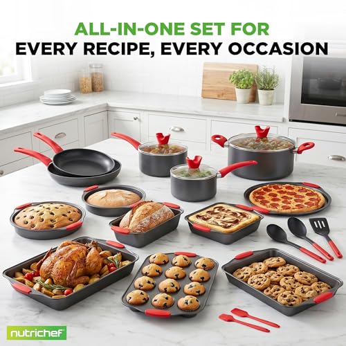 Image of NutriChef 21-Piece Nonstick Cookware Set - PTFE /PFOA /PFOS Free Heat Resistant Lacquer Kitchen Ware Pots Pan w / Cool-Touch Handles, Saucepan, Fry Pans, Lid, Bakeware, For Gas Electric Ceramic Cooktops