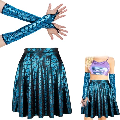 WUERKIYA Disfraz de Sirenita para Mujer – Falda Sirena y Guantes de Escala con Diseño de Ariel – Atuendo Mágico para Fiestas y Celebraciones, Adecuado para Cualquier Ocasión