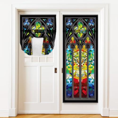 Ddcbns Door Curtains For Door Windows,Vintage Style Medieval Stained Glass Printed Curtains For French Glass Door,Farmhouse Colorful Small Window Tie Up Door Curtains 26 X 40 Inch thumb #2