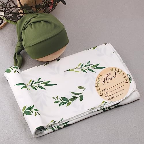 Image of Ylsteed Baby Swaddle Blanket and Headband Set, Newborn Receiving Blanket Swaddle Wrap for Girls Boys, Swaddling Blankets Neutral for Newborn,Soft and Skin-Friendly Receiving Wrap 32*32 inch(Green leaves)