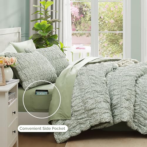Twin XL Size Comforter Sets-5 Pieces Puff Sage Green Floral Bedding Set for All Seasons, Shabby Chic Farmhouse Bed in a Bag Twin XL with Floral Comforter, Sheets, Pillowcases & Shams