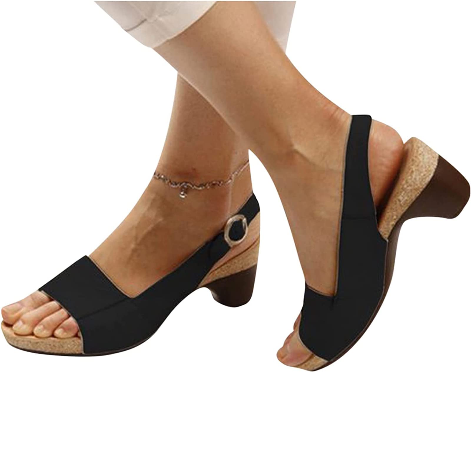 OMIREL Sandals Women Dressy Summer 2023 Peep Toe Platform Sandals Shoes Wedges Ankle Buckle Slip on Flip Flops Comfortable Walking Sandals with Arch Support Orthotic Sandals,Black,US6/EU37