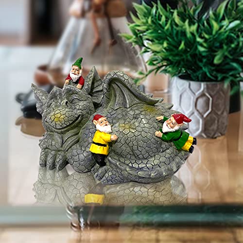 Sleeping Dragon With Mischievous Gnomes Garden Outdoor Statue. Unique Design, Eye-Catching Piece Of Dragon Decor, A Dragon Decoration Laid-Back Pose, Majestic Wings And Friendly Face Make Great Gift. #TOP5