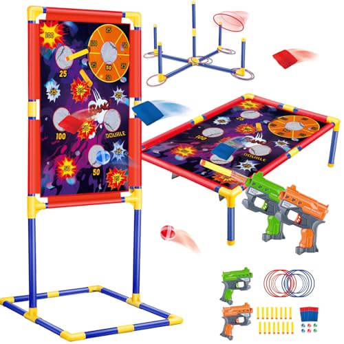 Cornhole & Schießspiele & Ringwurfspiel für Kinder 6 7 8 +, Wurfspiel Sackloch Zielscheibe Set mit 2 Pcs Pistole, Indoor Outdoor Spiele Gartenspielzeug Kinder, Karneval Garten Outdoor Spielzeug