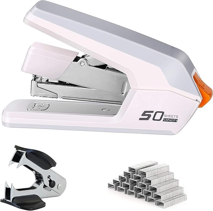 – Deli Effortless Desktop Stapler, 40-50 Sheet Capacity, One Finger Touch Stapling, Easy to Load Ergonomic Heavy Duty Stapler, Includes 1500 Staples and Staple Remover(white,40-50 Sheet)