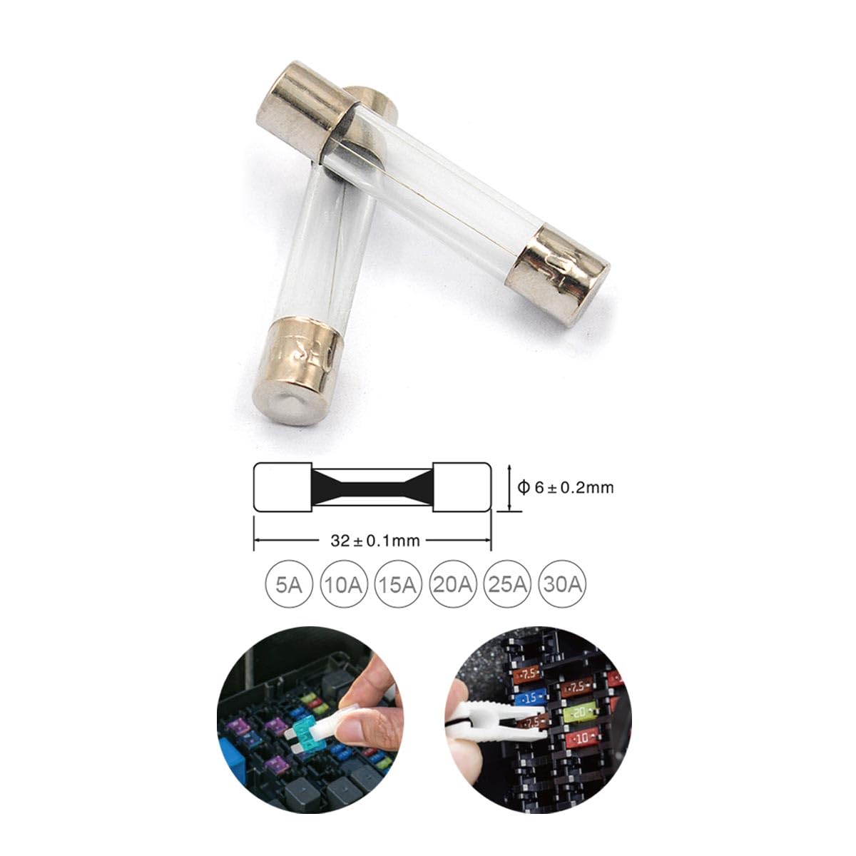 Kit de 10 fusibles de cristal de 5 A, 10 A, 15 A, 25 A, 30 A, fusibles de acción rápida para coche, moto, caravana, camión, barco, diámetro 6 mm (2 paquetes de 20 unidades)