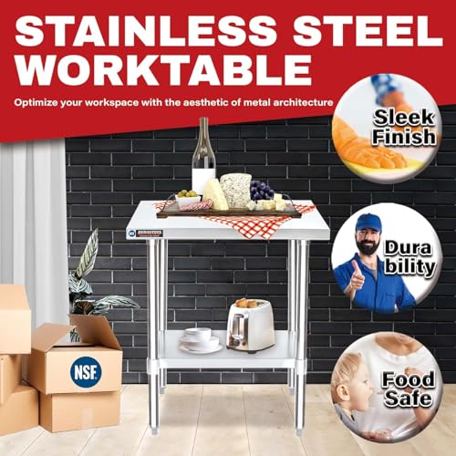 Image of DuraSteel 24x30 Stainless Steel Work Table - NSF Commercial Prep Metal Table - Outdoor Pizza Oven Stand w /Under Shelf - Kitchen Island Laundry Utility Garage Microwave Stand Large Rolling Storage Cart