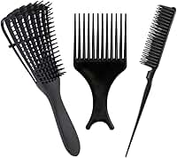 Escova Polvo Cachos, Pente Garfo e Pente 3 Fileiras, Kit com 3 Peças para Cabelos Cacheados