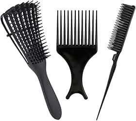 Escova Polvo Cachos, Pente Garfo e Pente 3 Fileiras, Kit com 3 Peças para Cabelos Cacheados
