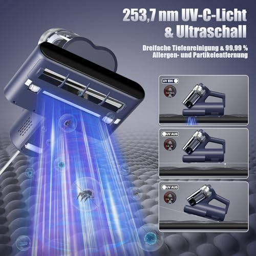 Teant Milbensauger für Matratzen mit UV Licht, 16kPa Matratzensauger mit LED Display, 65℃ Heißluft & HEPA, Ultraschall, Aromatherapie, Dual-Cup Matratzenreiniger für Bett/Teppich/Sofa/Tier/Allergiker