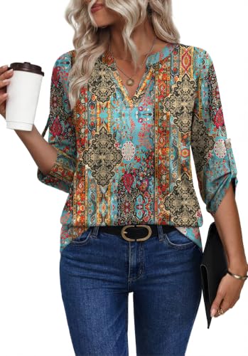 Image of XIEERDUO 3 /4 Length Sleeve Womens Tops V Neck T Shirts Both Side Buttons Blouses Business Casual Outfits Loose Fit