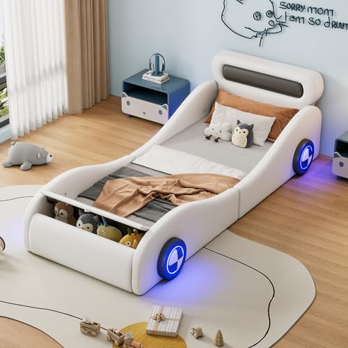 Autobett Kinderbett Jugendbett 90x200, Polsterbett Einzelbett mit leuchtenden Rädern&Stauraum, Aufregendes Auto Kinderbett für...
