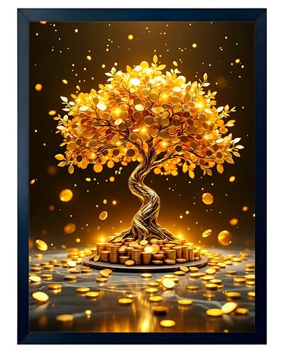 Image of ARTFUL TOY BOX - Golden Money Tree Photo Frame Wall Art for Home Decor | Wealth Growth & Prosperity Vastu Wall Decor for Living Room & Office | HD Glossy Print | Premium Fiber Black Frame - 12x18 Inch (30x45 cm) (Design 1)