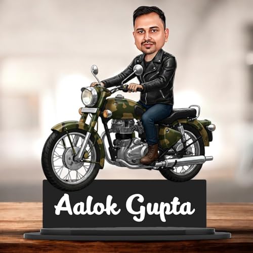 Image of Taxton Custom Bike Rider Caricature Personalized Wooden Bike Photo Frame for Men | 7.5 Inch Durable Double Wood Print with Acrylic Name Plate (Army)