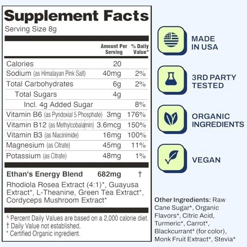 Image of Ethan's Feel Good Pre-Workout & Hydration Drink Mix, 200mg Plant-Based Caffeine, Electrolytes & Adaptogens, Vegan Organic - Orange-Mango, 30 Servings