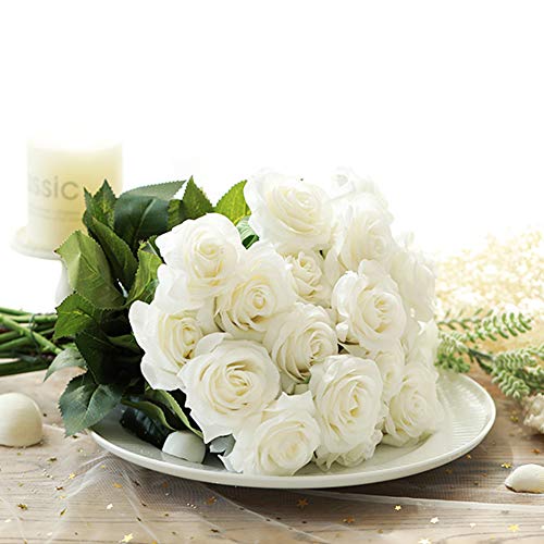 Amzali Artificial Flowers, Real Looking Blush Fake Rose Long Stem Silk Artificial Rose Flowers Home Decor For Bridal Wedding Bouquet, Centerpieces Birthday Flower Party Garden Floral Arrangement White #TOP4