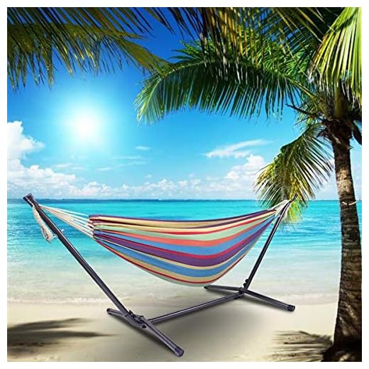 HopeHope Cotton Hammock with Space Saving Steel Stand, Tropical Hammock for Patio Porch Garden Backyard Lounging Outdoor and Indoor Rainbow(450 lb Capacity - Premium Carry Bag Included)