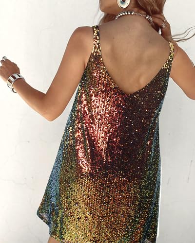 Image of MIYIEONZ Women Sequin Sexy V Neck Shift Dress Sparkly Glitter Sleeveless Short Flowy Loose Party Night Out Club Dress