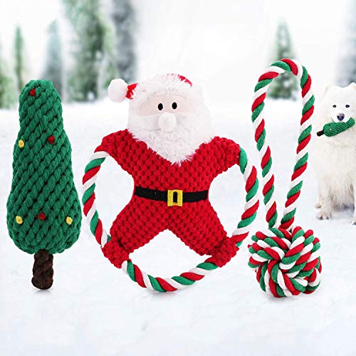 Legendog 3PCS Dog Toys, Christmas Dog Squeaky Toys, Cute Interactive Dog Toys, Santa Claus Dog Plush Chew Toys, Christmas Tree Rope Dog Toy, Rope Ball Dog Toy